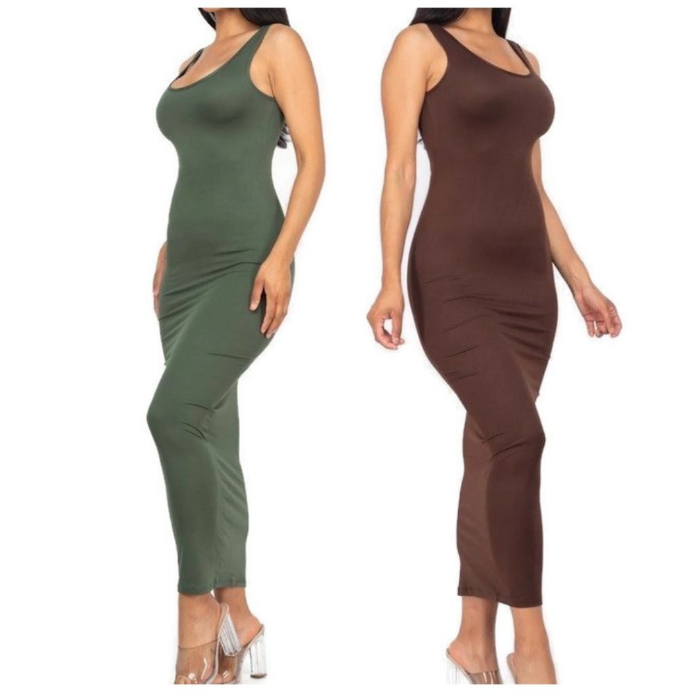 CAPELLA Olive Brown Basic Bodycon Casual Activewear Sleeveless Maxi Dresses